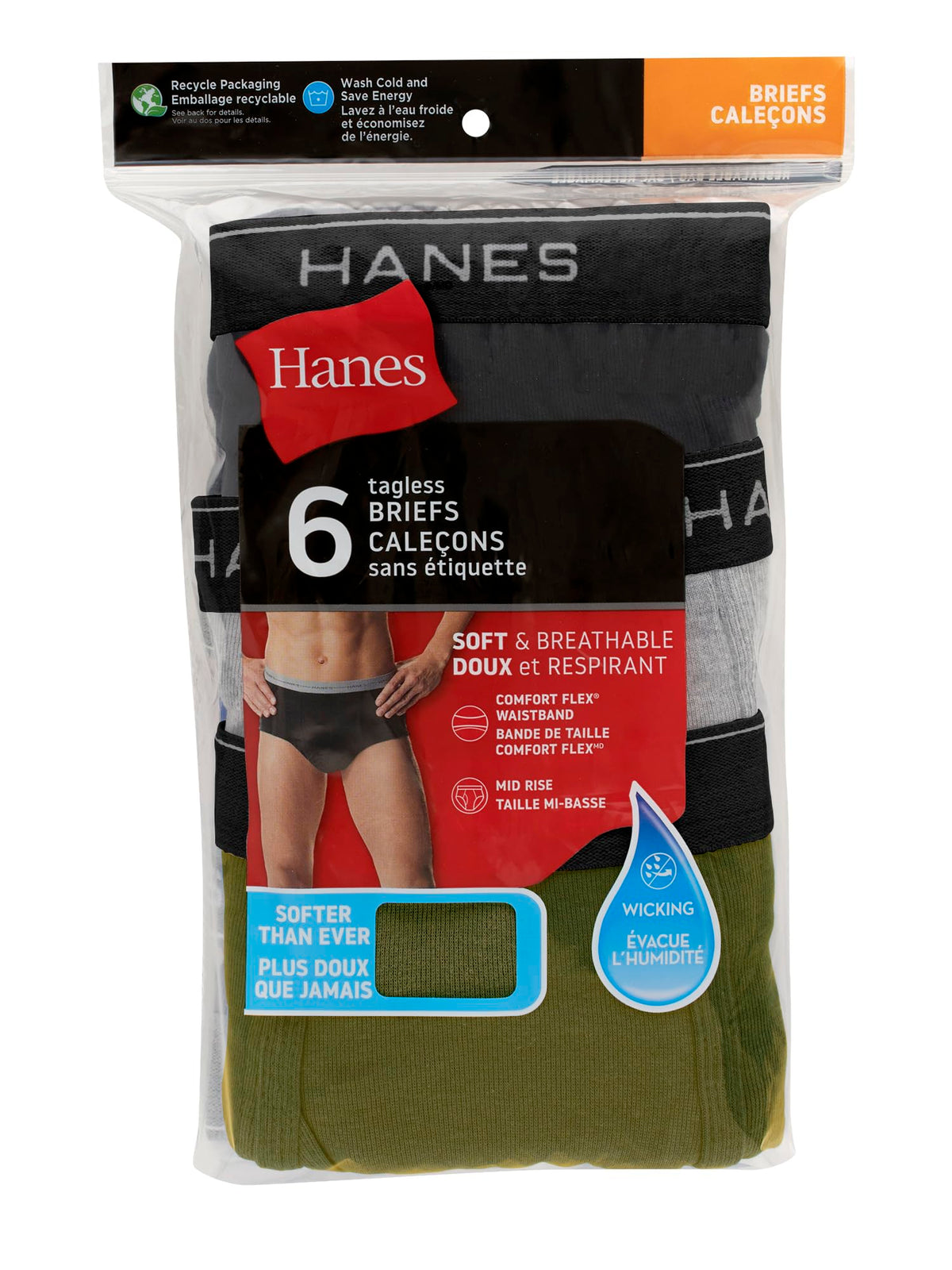 Hanes Mens 6-pack Exposed Waistband Mid-rise Briefs-underwear, White/Black, X-Large US 🍁 All In One Marketplace Canada
