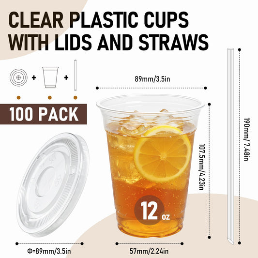 100 Pcs Clear Plastic Cups with Flat Lids and Straws, 12 oz Disposable PET Iced Coffee Cups - Ideal for Ice Coffee, Smoothie, Juice, Lemonade, Cold Beverages 🍁 All In One Marketplace Canada