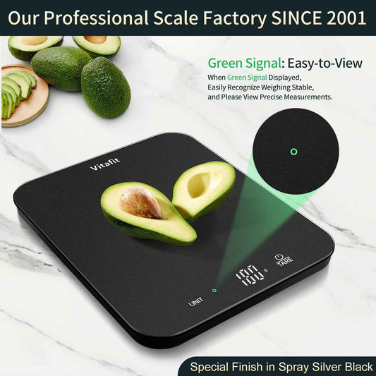 Vitafit 33lb/15kg Digital Food Scale in High Precision 0.1oz/1g, Our Own Kitchen Scale Professional Factory Since 2001, Scale Grams for Cooking & Baking, LED, 3*AAA Battery, Spray Silver Black 🍁 All In One Marketplace Canada
