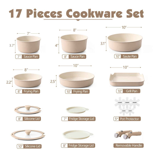 SENSARTE 17 Piece Ceramic Pots and Pans Set, Nonstick Detachable Handle Cookware, Induction Kitchen Cookware Set with Removable Handle, Dishwasher & Oven Safe (Almond Beige) 🍁 All In One Marketplace Canada