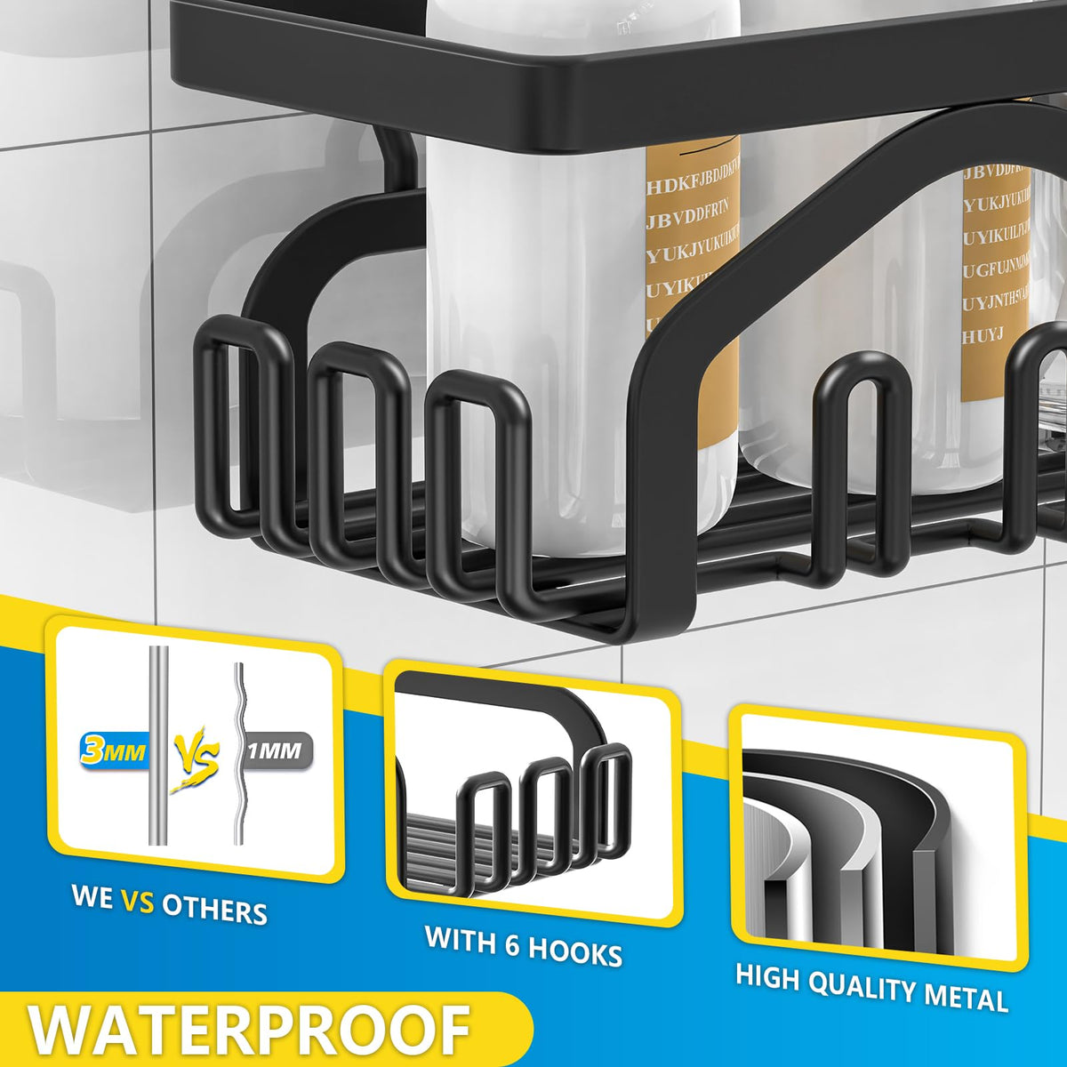 Coraje Adhesive Shower Caddy, 5-Pack Shower Shelves, Large Capacity Load Bearing 40 LBS Shower Organizer, No Drilling Shower Shelf, Rustproof Stainless Steel Bathroom Shower Storage, Black đ All In One Marketplace Canada