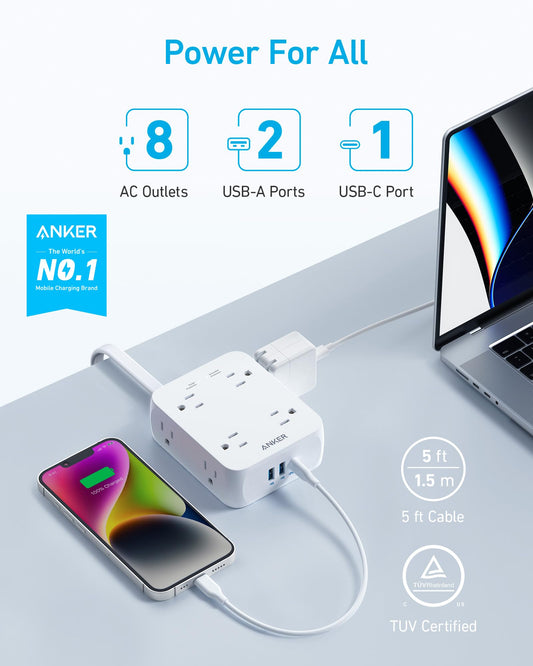 Anker Surge Protector Flat Plug Power Strip 2000J, 5ft Thin Extension Cord, 8 Outlets,2 USB A and 1 USB C Port,20W for iPhone15,Wall Mount,Compact for Home,Office,Room,TUV Listed (White) 🍁 All In One Marketplace Canada