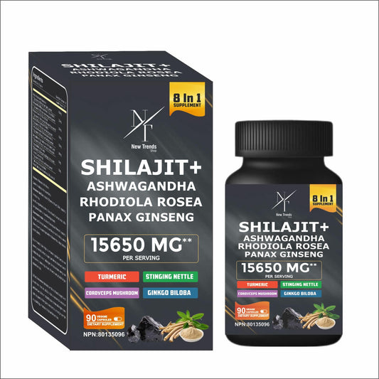 8-in-1 Shilajit Himalayan Organic Supplement with Shilajit 9000, Ashwagandha 2000MG, Rhodiola Rosea 1000MG, Panax Ginseng 1500MG, Cordyceps Mushroom 500MG, Gingko Biloba 500MG, Stinging Nettle 250MG, Turmeric (15,250 MG - 90 Caps)