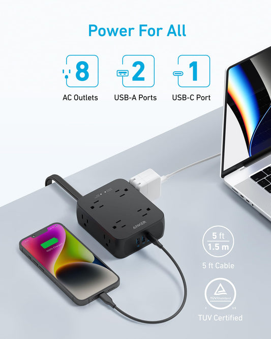 Anker Surge Protector Flat Plug Power Strip 2000J, 5ft Thin Extension Cord, 8 Outlets,2 USB A and 1 USB C Port,20W for iPhone15,Wall Mount,Compact for Home,Office,Room,TUV Listed (Black) 🍁 All In One Marketplace Canada