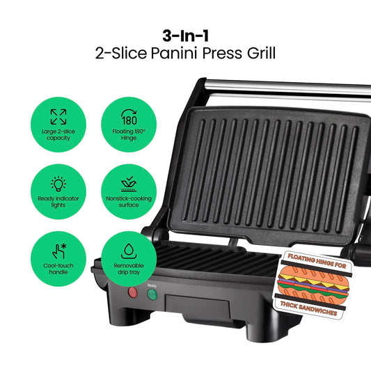 Chefman Electric Panini Press Grill and Gourmet Sandwich Maker w/ Non-Stick Coated Plates, Opens 180 Degrees to Fit Any Type or Size Food, Dishwasher Safe Removable Drip Tray, Stainless Steel/Black 🍁 All In One Marketplace Canada