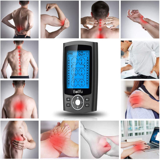 Belifu Dual Channel TENS EMS Unit 24 Modes Muscle Stimulator for Pain Relief Therapy, Electronic Pulse Massager Muscle Massager with 10 Pads, Dust-Proof Drawstring Storage Bag,Fastening Cable Ties 🍁 All In One Marketplace Canada