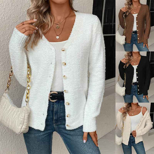Women’s Loose Button-Front Cardigan – Solid Color Casual Knit Sweater