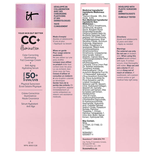 IT Cosmetics Your Skin But Better CC+ Cream Illumination, Medium (W) - Color Correcting Cream, Full-Coverage Foundation, Anti-Aging Serum & SPF 50+ Sunscreen - Radiant Finish - 1.08 fl oz 🍁 All In One Marketplace Canada