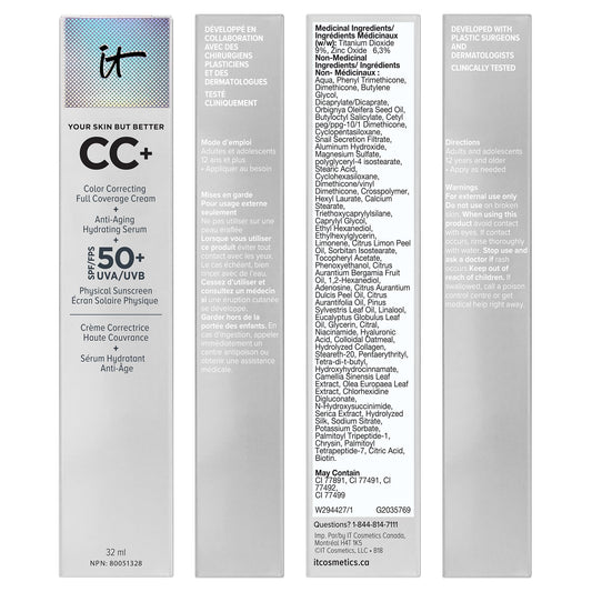 IT Cosmetics Your Skin But Better CC+ Cream, Neutral Tan (W) - Color Correcting Cream, Full-Coverage Foundation, Anti-Aging Serum & SPF 50+ Sunscreen - Natural Finish - 1.08 fl oz 🍁 All In One Marketplace Canada