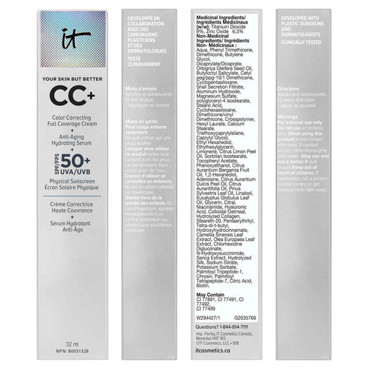 IT Cosmetics Your Skin But Better CC+ Cream, Light Medium (W) - Color Correcting Cream, Full-Coverage Foundation, Anti-Aging Serum & SPF 50+ Sunscreen - Natural Finish - 1.08 fl oz 🍁 All In One Marketplace Canada