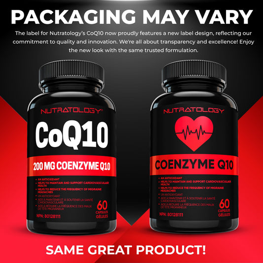 Nutratology® Coenzyme Q10 (CoQ10) 200MG - Cardiovascular Health Support - Antioxidant for Heart Health - Helps Reduce the Frequency of Migraines - CoQ10 Supplement - 60 Capsules 🍁 All In One Marketplace Canada