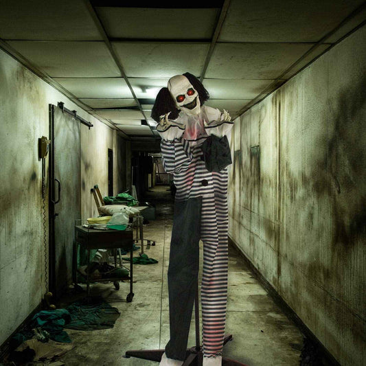 Haunted Hill Farm Scary Animatronic Talking Clown with Touch Activated Lights and Sounds, Indoor or Covered Outdoor Halloween Decorations for Home or Haunted House, Battery Operated Halloween Props