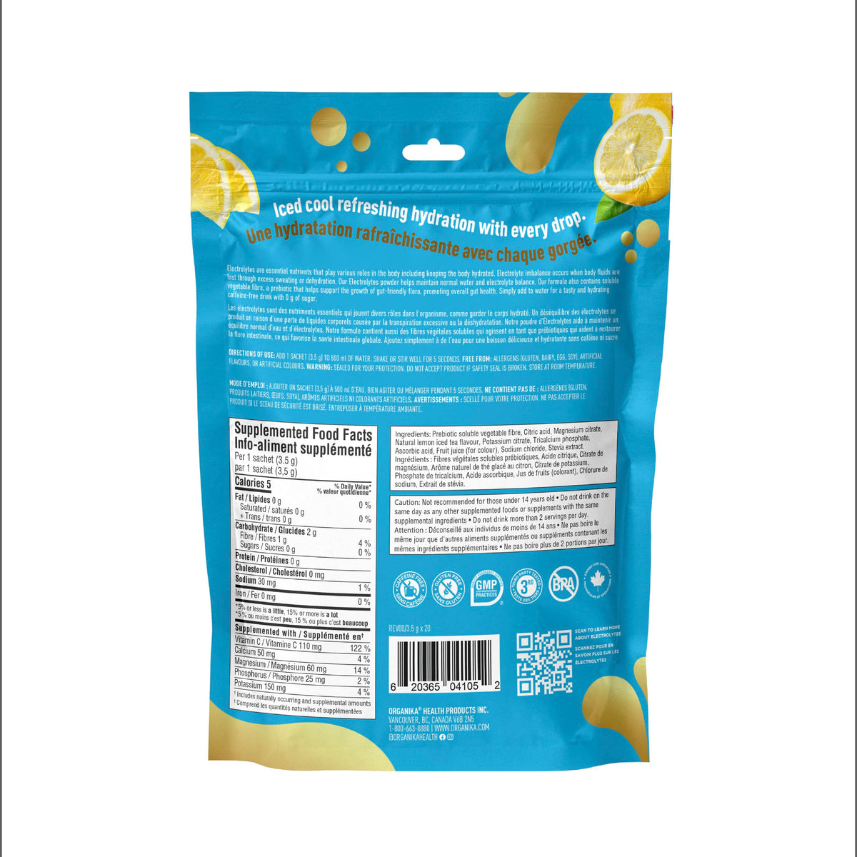 Organika Canadian-Made Electrolytes Powder with Vitamin C & Prebiotic Fibre - Sugar-Free Hydration Drink Mix - Lemon Iced Tea - 20 Single-Serve Sachets x 3.5g ๐ All In One Marketplace Canada