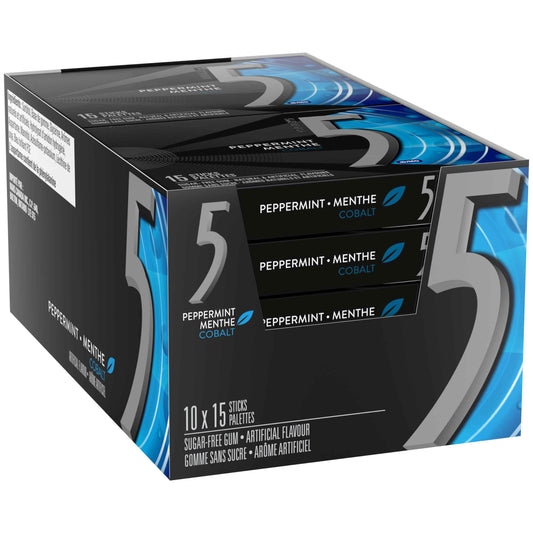 5 GUM, Peppermint-Cobalt Flavoured Sugar Free Chewing Gum, 15 Sticks, 10 Packs 🍁 All In One Marketplace Canada