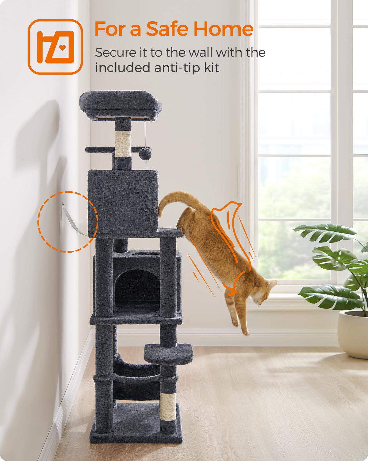 Feandrea Cat Tree Tower, 155 cm Multi-Level Cat Condo with 5 Scratching Posts, 2 Perches, 2 Caves, Hammock, 2 Pompoms, Smoky Gray UPCT192G01 ๐ All In One Marketplace Canada