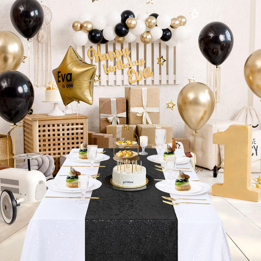 B-COOL Black Sequin Table Runner 4 Pack 12x72Inch Glitter Halloween Decoration Sparkly Black Table Fabric for Graduation Holiday Birthday Outdoor Dining Party Decoration
