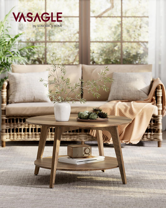 VASAGLE MAEZO Collection - Round Coffee Table, 2-Tier Center Table with Storage, Tapered Legs, Curved Transitions, 80 x 45 cm, Easy Assembly, for Living Room, Honey Brown ULCT243K41 🍁 All In One Marketplace Canada