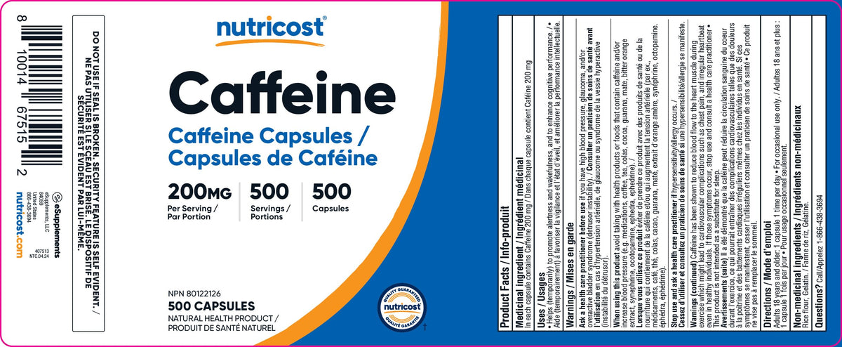 Nutricost Caffeine Pills (200mg) 500 Capsules đ All In One Marketplace Canada