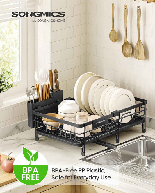 SONGMICS Dish Drainer Rack, Large Extendable Draining Board Rack for Small Spaces, 360° Rotating Extendable Spout, Kitchen Sink Drainer, Steel, 46.5 x 29.6 x 14 cm, Ink Black KCS556BH01 🍁 All In One Marketplace Canada