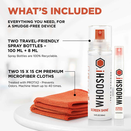 WHOOSH! Screen Shine Duo – Safe & Streak Free Electronics Cleaner for TV, OLED, MacBook, Laptop, Monitor and Car – Eyeglass Cleaner with 100ml + 8ml Bottles and 2 Microfiber Cloths 15x15 cm 🍁 All In One Marketplace Canada