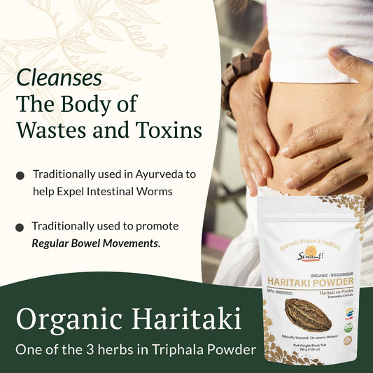 Sewanti Ayurvedic Organic Haritaki Powder - Terminalia Chebula for Constipation Relief, Digestive Wellness & Intestinal Cleanse | NPN 80090900 | GMP Certified | Packaged in Canada, 200g 🍁 All In One Marketplace Canada