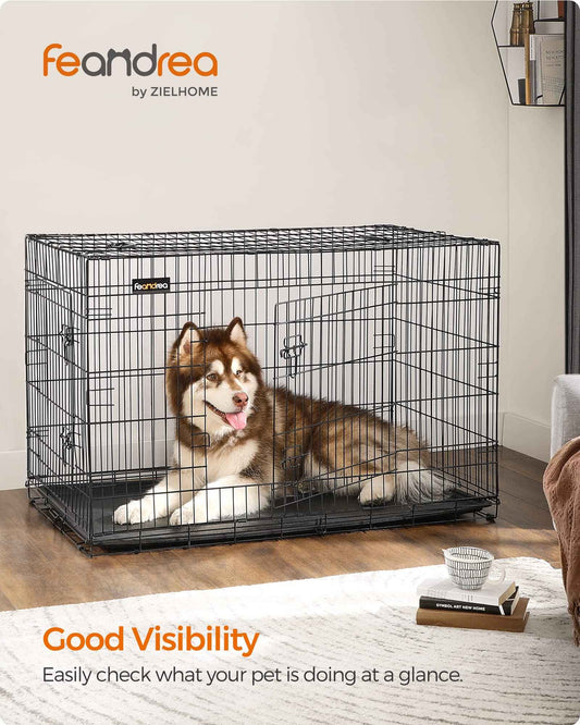 Feandrea Dog Crate, 48-Inch Foldable Dog Kennel with 2 Doors, Removable Tray, XXL, Black UPPD48H 🍁 All In One Marketplace Canada