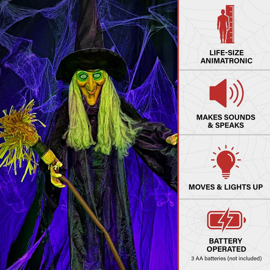 Haunted Hill Farm Life-Size Scary Talking Witch with Broomstick, Halloween Animatronic with Touch Activated Lights and Sound, Battery Operated Indoor or Covered Outdoor Halloween Decorations