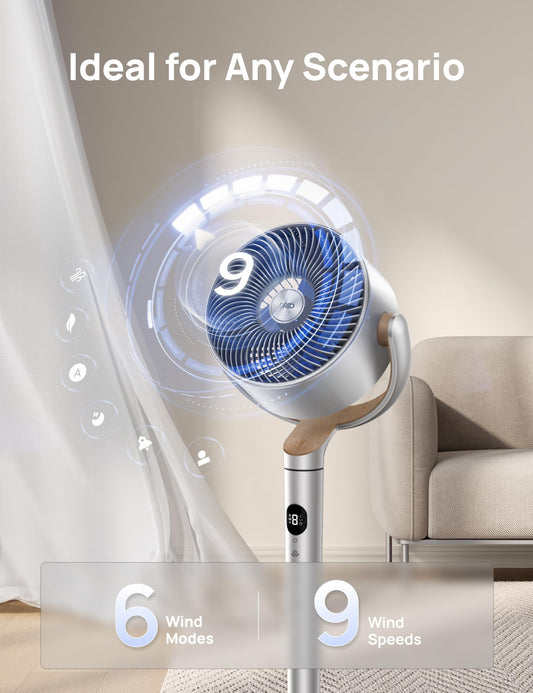 DREO Smart Fans for Bedroom, 120° +120° Omni-Directional Oscillating Fan, 90ft Quiet Pedestal Fan with RGB Light, 9 Speeds, 6 Modes, 20dB, 8H Timer, Wi-Fi/Voice, 37-42" Floor Fans with Remote, Silver 🍁 All In One Marketplace Canada