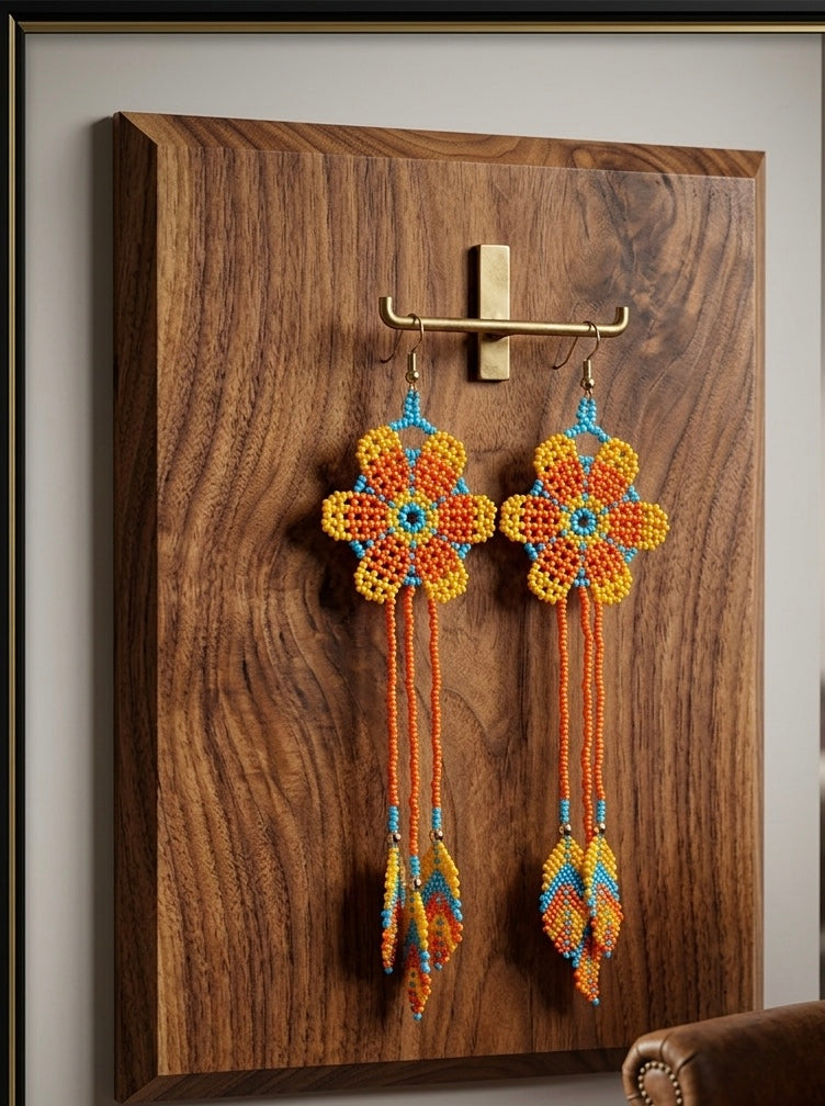 Sun Feather Bloom Beaded Earrings- orange/celest