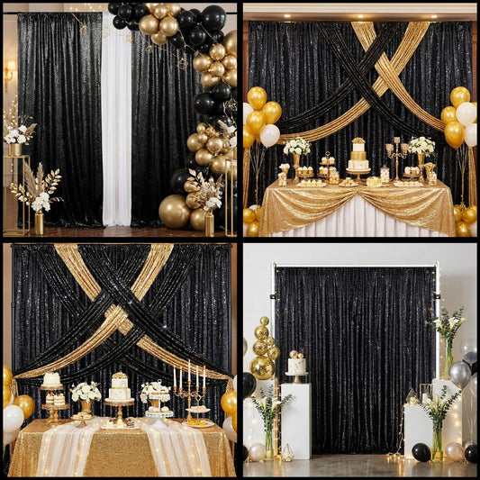 B-Cool Black Sequin Curtains Drapes 4 Panels Glitter Party Curtains 2FTx8FT for Halloween Gothic Themed Party Birthday Stage Halloween Decorations