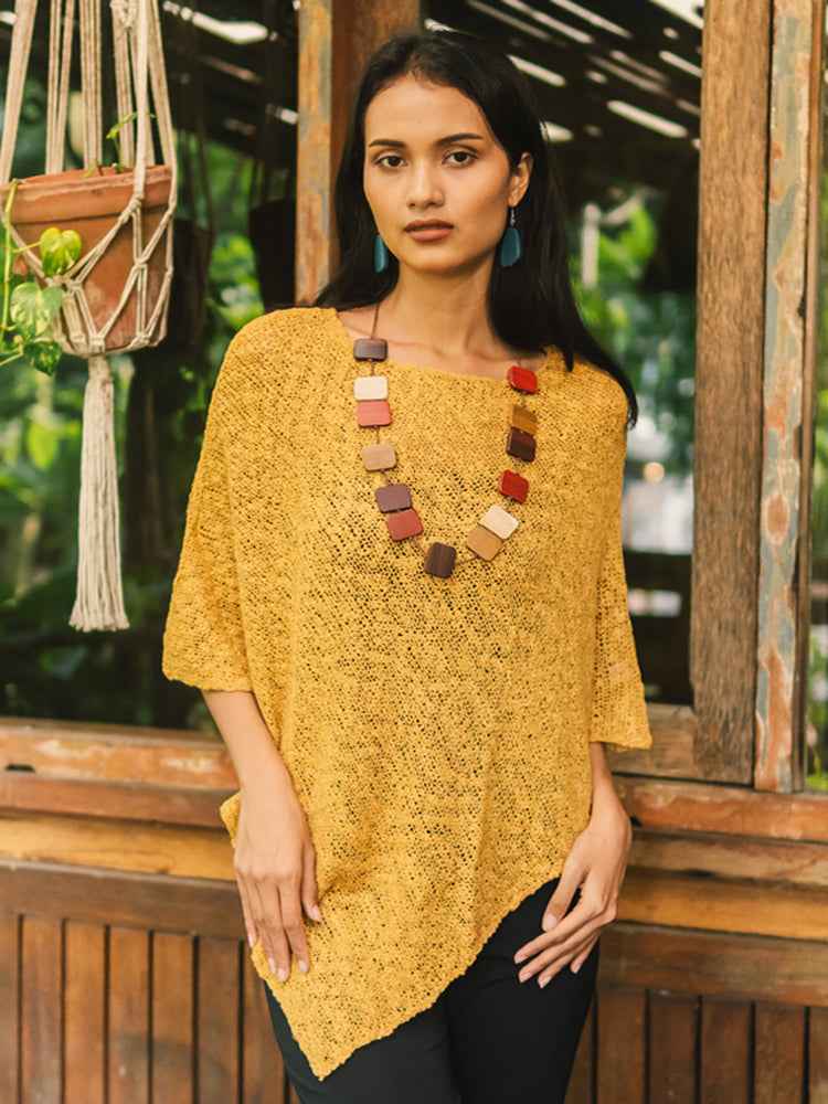 Popcorn Double Knit Poncho - Saffron