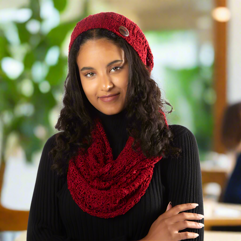 Red Popcorn Knit Hat With Button