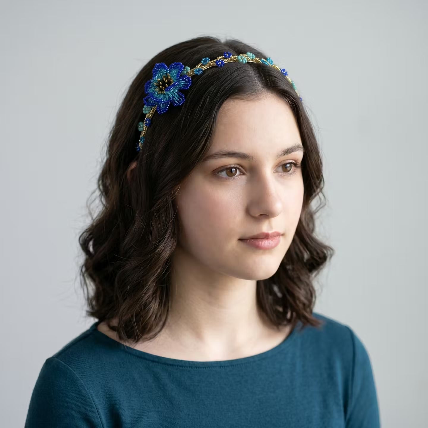 Beaded Headband with Flower Blue