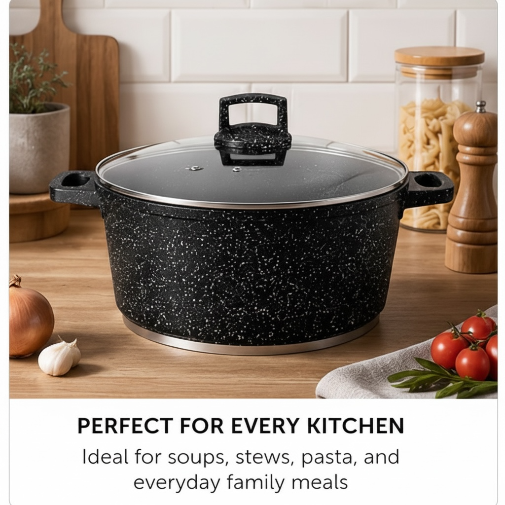 22cm Granite Non-Stick Casserole Pot with Lid – 3.4L, Induction Ready