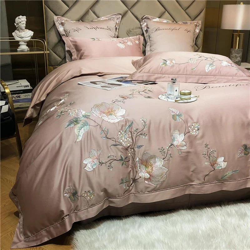 Belle Maison Embroidered Egyptian Cotton 1000 TC Duvet Set - Blush