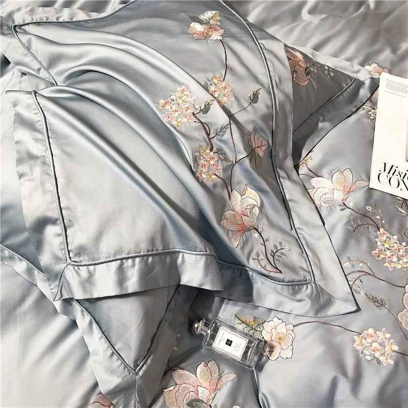 Belle Maison Embroidered Egyptian Cotton 1000 TC Duvet Set - Steel Blue