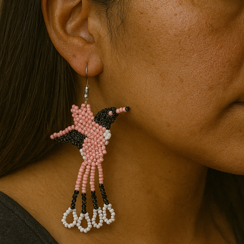 Handmade Beaded Hummingbird Earrings โ Pink & Black