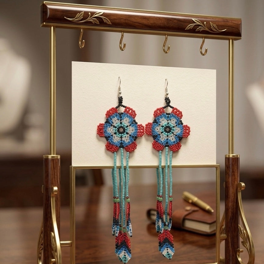 Sun Feather Bloom Beaded Earrings- black/turquoise