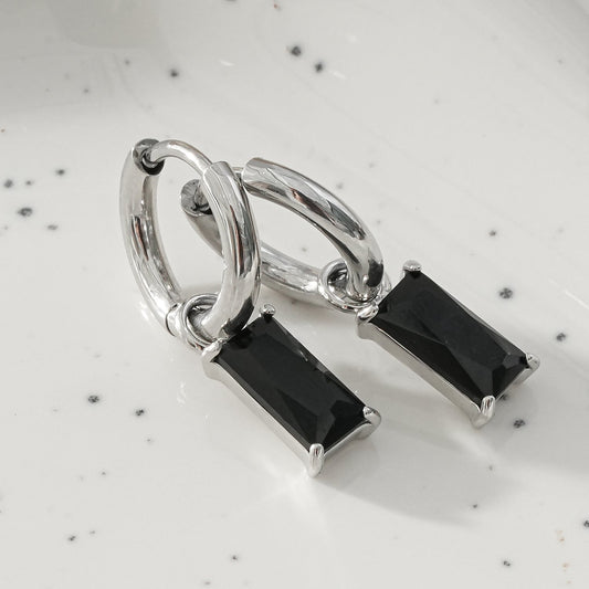 DAYSIA White Gold (Silver Toned): Vintage Inspired Encased Black Crystal Drop Earrings.