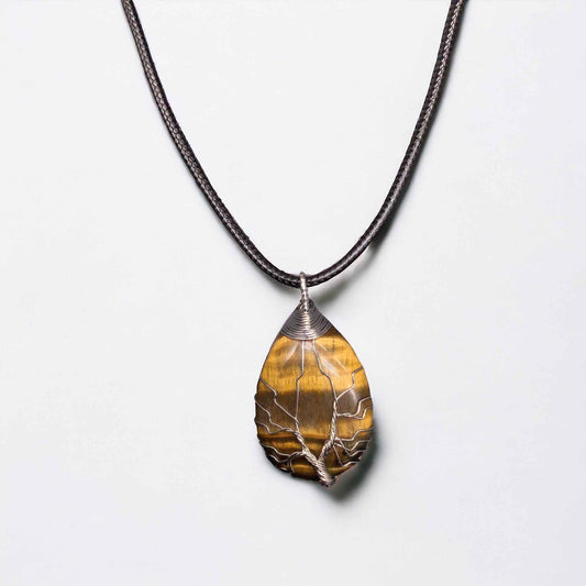 Yellow golden tiger eyes Gemstone Pendant Wrapped w/ Silver Tree of Life