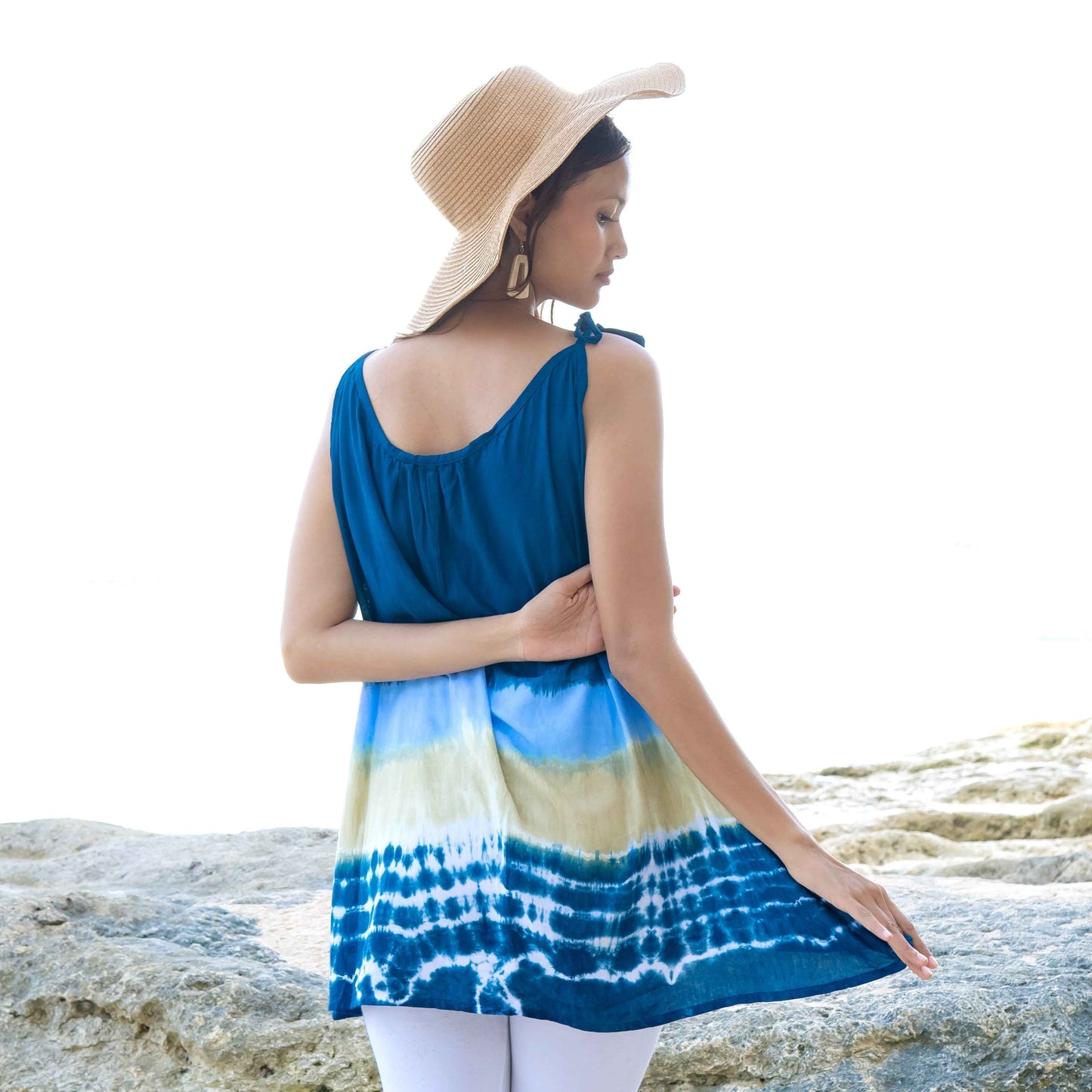 Beach Stripe & Tie Dye Long Tank Top In Navy