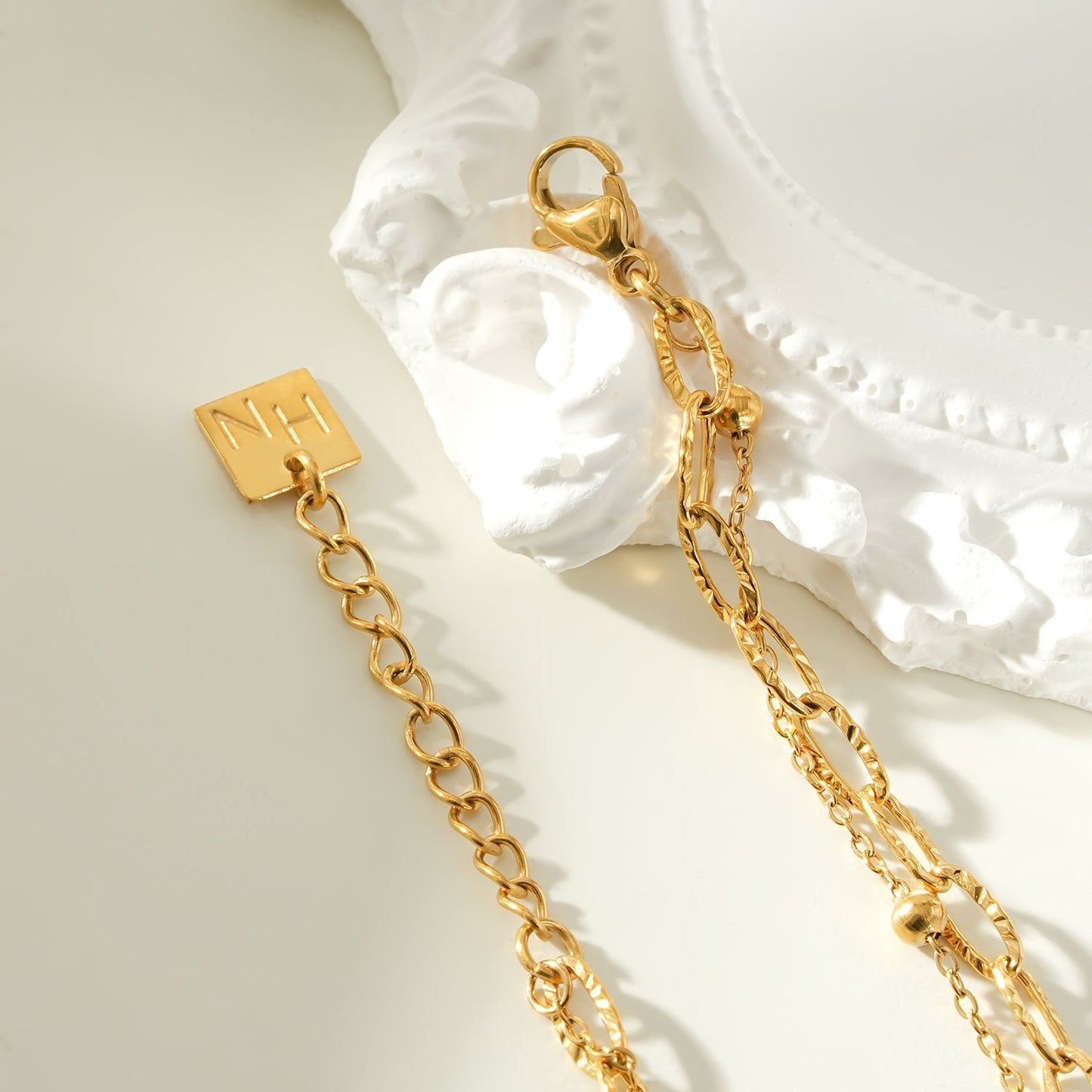 CASTILA Gold Bracelet: Double Stacked Paper Clip Chain & Beaded Chain - Dazzle in Duality
