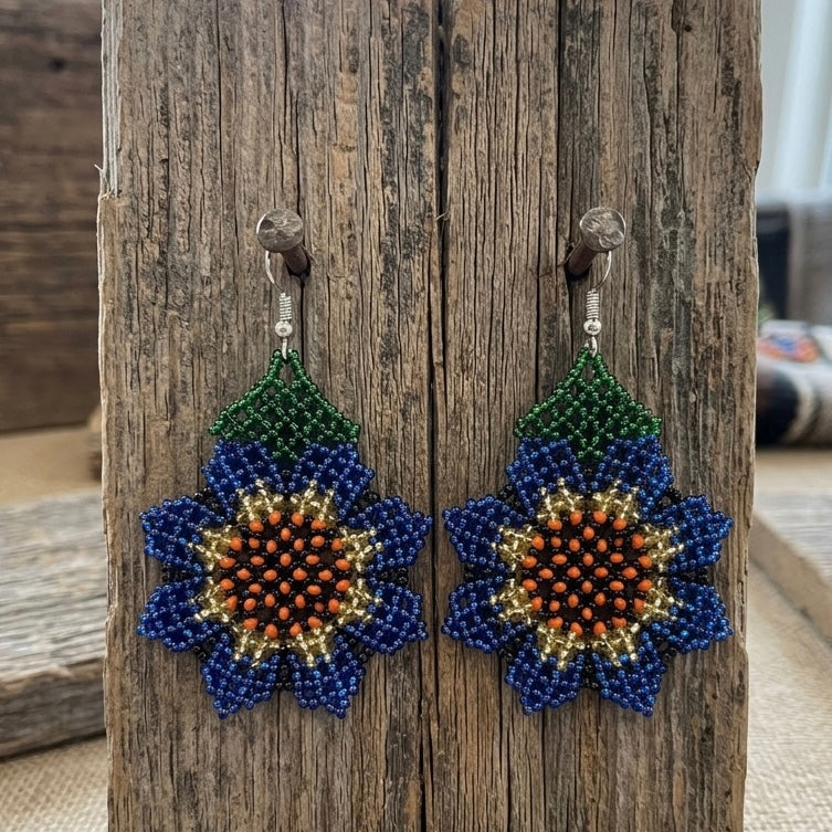 Sunflower Beaded Earrings (Blue)