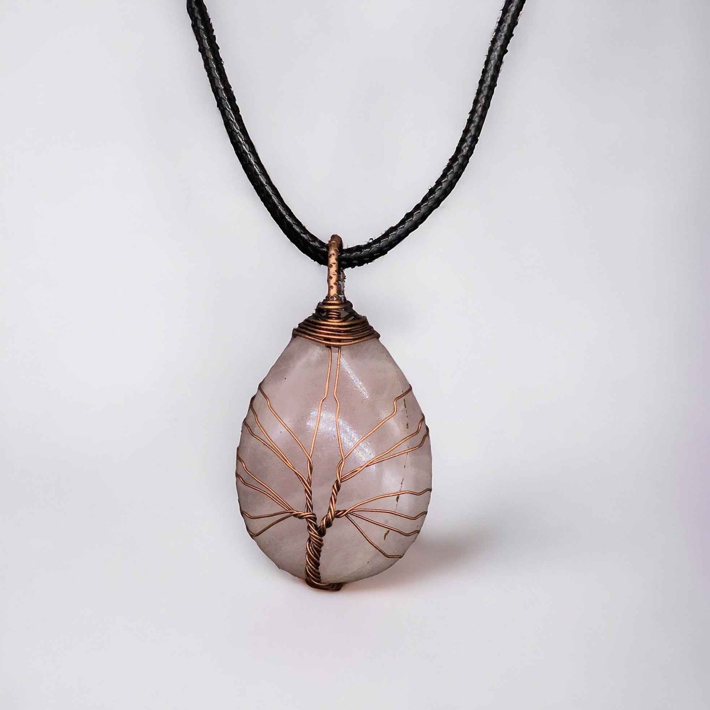 Light pink Gemstone Pendant Wrapped w/ Bronze Tree of Life