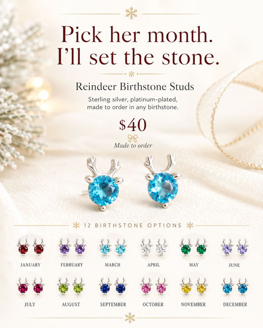 Reindeer Birthstone Stud Earrings – Sterling Silver Platinum-Plated