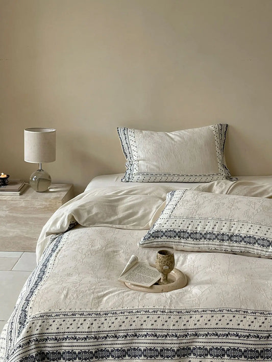 French Chateau Vintage Style Premium 4 Pc Cotton Linen Duvet Set - Cream