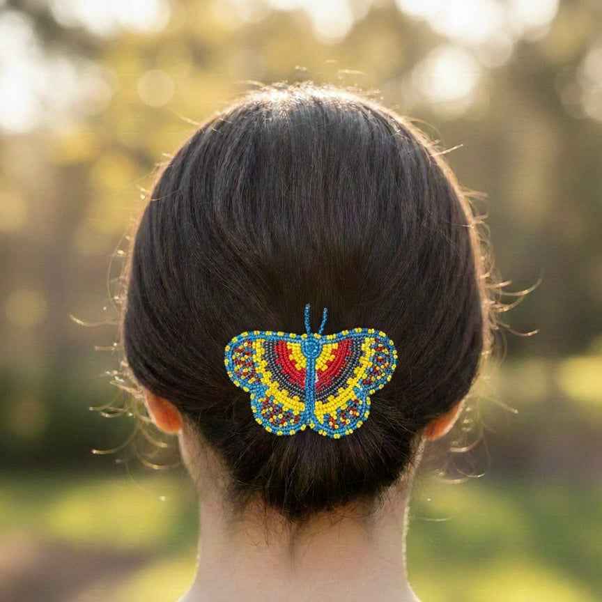 Aqua Blue and Yellow Butterfly Beaded Hair Clip
