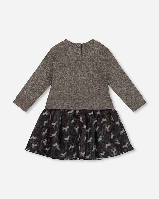 Bi-Material Dress Black With Mesh Skirt And Heart