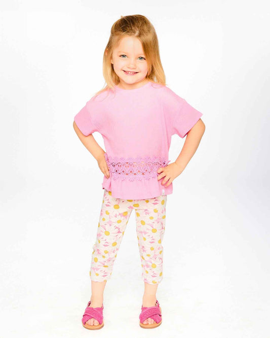 Crinkle Jersey Long T-Shirt With Crochet Insert Pink