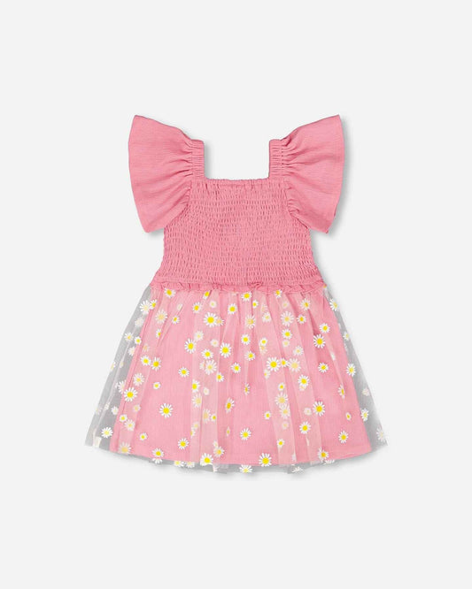 Mesh And Crinkle Jersey Dress With Smocking Pink